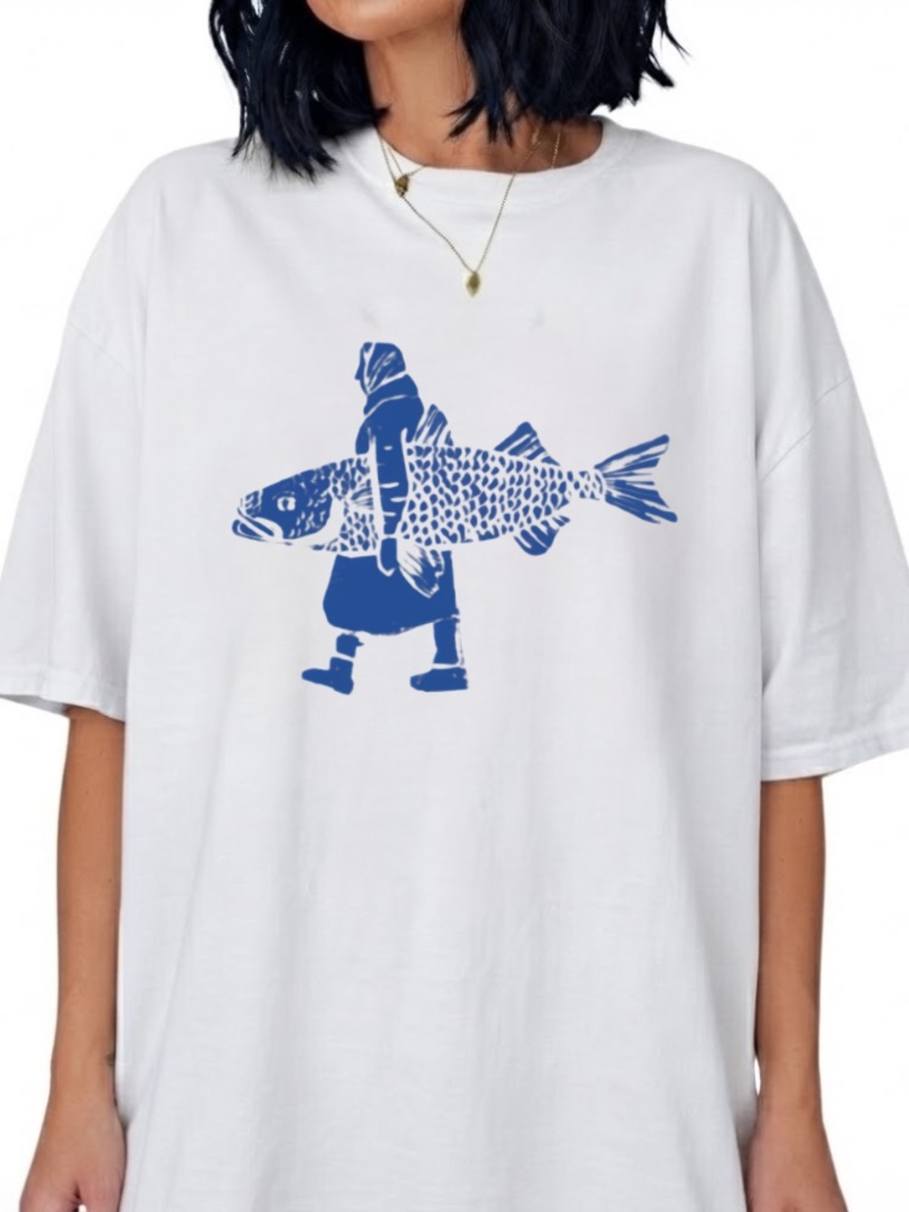 Fisherman Holding Big Fish Ocean Blue Folk Art Vintage White T-Shirt